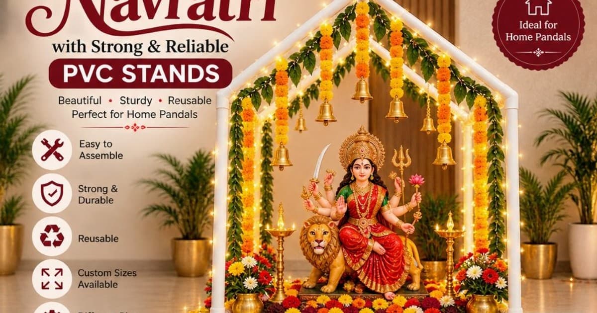Official Maratha Pipes Navratri Pandal PVC Structure Banner 1 — Classic Temple with Durga Mata