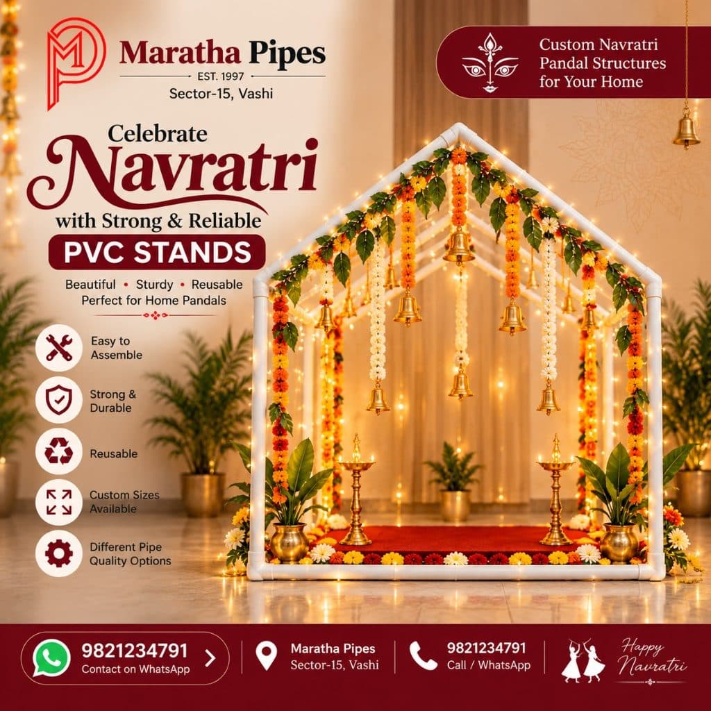 Peak Roof PVC Pipe Navratri Pandal Frame with orange yellow marigold garlands and hanging bells — Home Navratri Mandap by Maratha Pipes Sector-15 Vashi