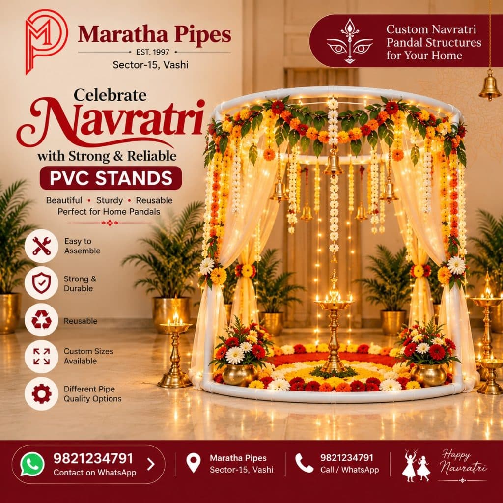 Circular Arch PVC Pipe Navratri Mandap Frame with white drapes, marigold garlands and diyas — Society & Home Puja Setup by Maratha Pipes Sector-15 Vashi