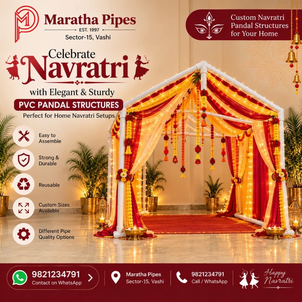 Elegant Drape PVC Pipe Navratri Pandal Frame with red and cream drapes, marigold garlands and lanterns — Premium Home Navratri Mandap by Maratha Pipes Sector-15 Vashi