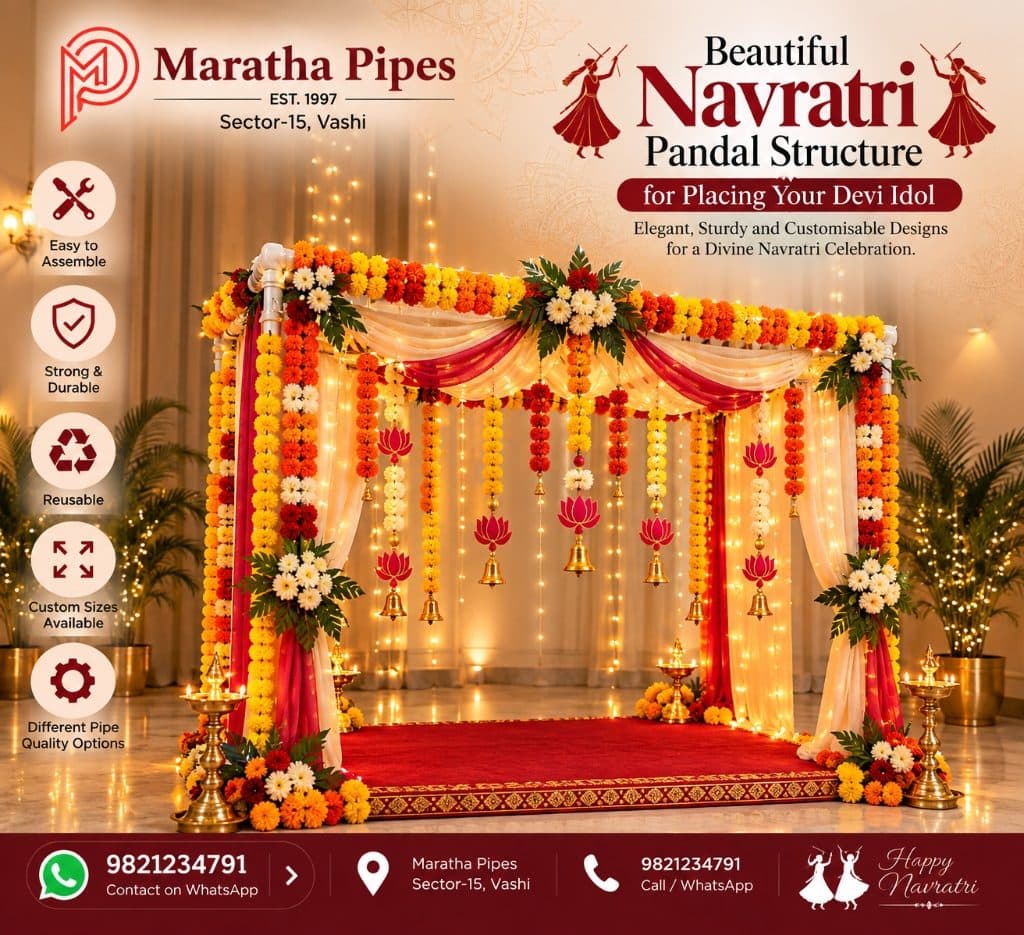 Open Mandap PVC Pipe Navratri Pandal Frame for Devi Idol with marigold garlands, lotus hangings, red drapes and golden bells — Premium Home Navratri Setup by Maratha Pipes Sector-15 Vashi