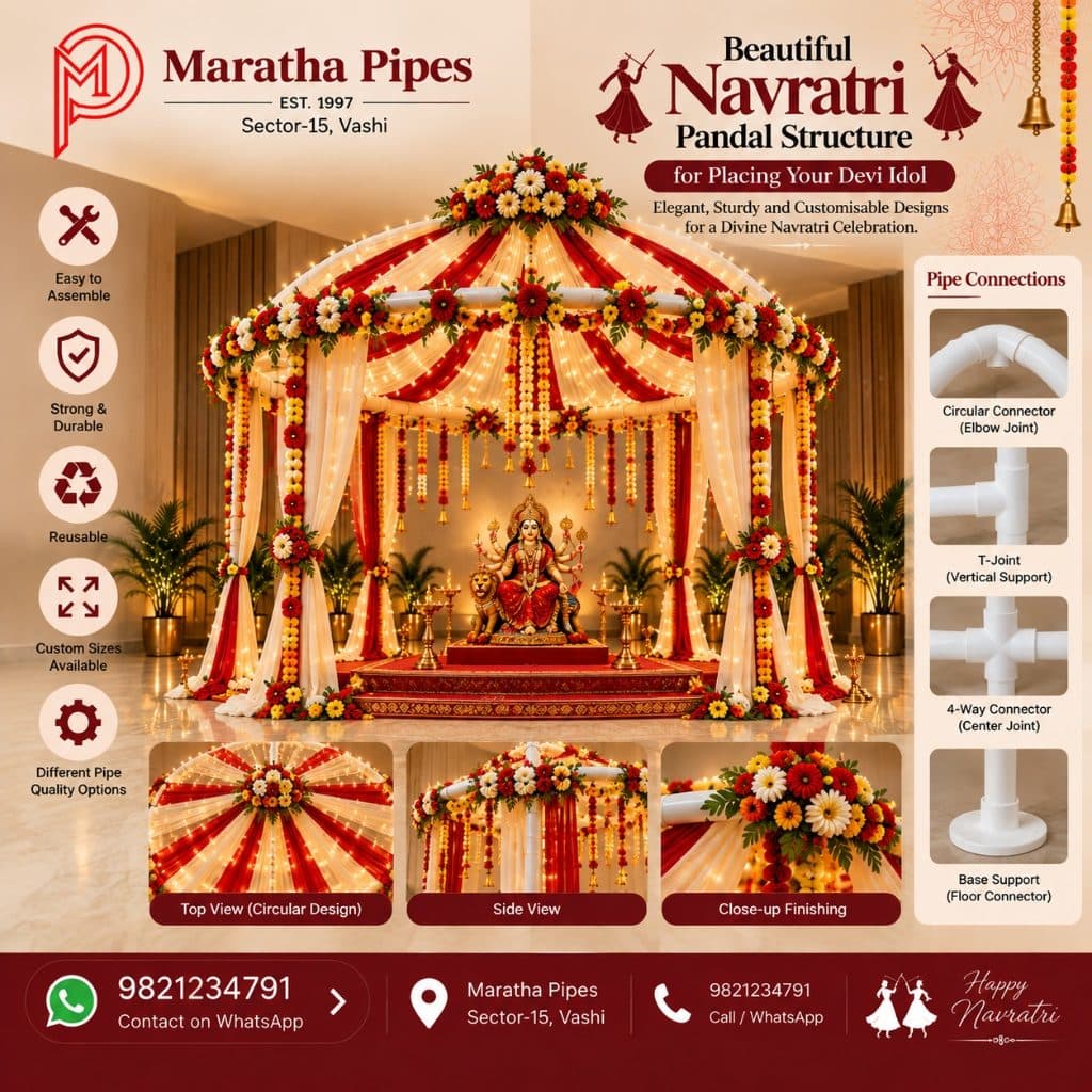 Circular Dome PVC Pipe Navratri Mandap with Durga Mata idol, red and cream striped drapes, marigold garlands and pipe connections guide showing circular elbow, T-joint, 4-way connector and base support — by Maratha Pipes Sector-15 Vashi