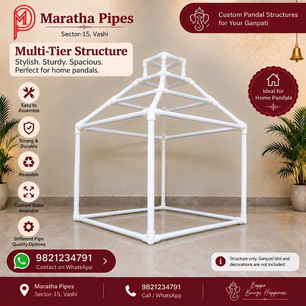 Multi-Tier Structure - Custom PVC Ganpati Pandal Structure by Maratha Pipes Vashi Multi-Tier Structure Royal Stepped PVC Pipe Ganpati Pandal Frame - Multi Level Mandap Skeleton by Maratha Pipes Sector-15 Vashi